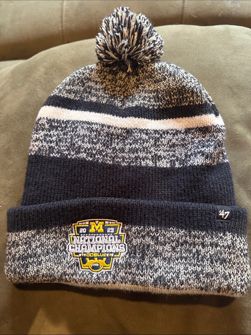 47 Brand Navy, Gray & White Pom Cuffed Beanie Michigan National Champions patch